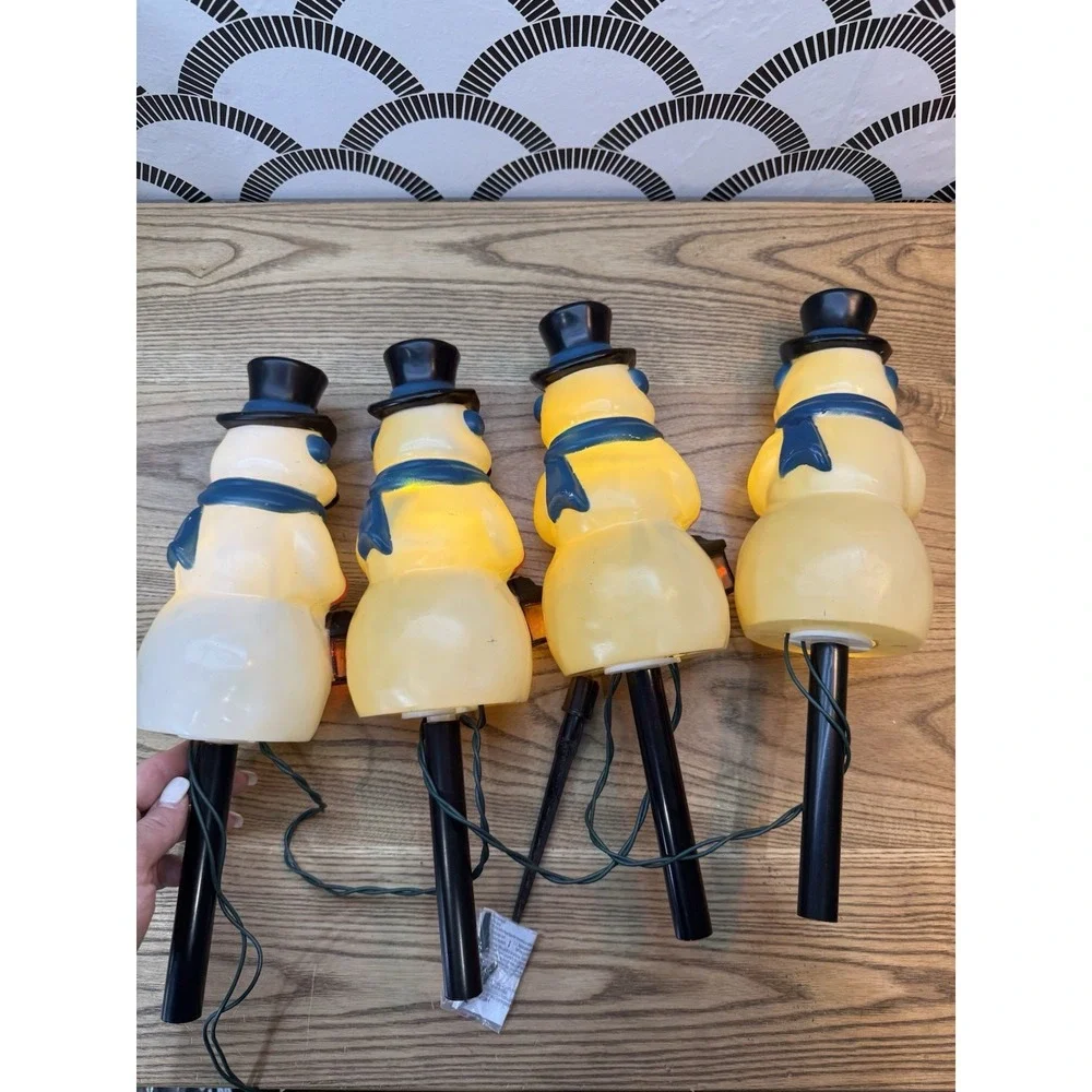 Vintage Blow Mold Snowman Pathway Lights Yard Stakes 4 Snowmen